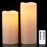 Eldnacele Wasserdichte Flammenlose Kerzen mit Timerfunktion, Batteriebetriebene Große LED Kerzen Fernbedienung für Außen Garten Laternen, Flackerlicht, Set mit 2 Stück, Creme