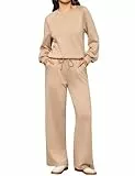 Totatuit Trainingsanzug Damen Zweiteiler Jogginganzug Langarm Tracksuit Sportanzug Rundhals Sweatshirt und Jogginghose mit Weitem Bein für Sport Herbst Khaki S