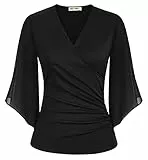 GRACE KARIN Damen 2025 Chiffon Bluse Casual Langarmshirt Slim FIit Wickelbluse Festliche Cocktail Party Oberteile Damenmode Schwarz-2 M