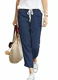 Hose Damen Leinen Sommerhose 7/8 Casual Leichte Baumwolle Leinenhose Stoffhose Bequeme Luftige Freizeithose Strandhose Mit Taschen (Navy Blau, L)