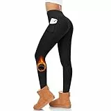 FuelMeFoot Thermo Leggings Damen Gefüttert Fleece High Waist Thermounterwäsche Warm Lang Strümpfhose Blickdicht Winter.01-Schwarz Seitentaschen L/XL