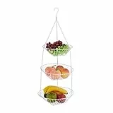 Relaxdays Obstkorb hängend, H x D: 73 x 28 cm, 3 Etagen, Stahl, runder Hängekorb für Obst & Gemüse, Obstschale, weiß