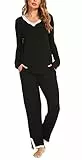 Lovasy Schlafanzug Damen Lang Winter Pyjama Set V-Ausschnitt Spitzen Schlafanzüge für Damen Langarm Loungewear Hausanzug,Schwarz,M