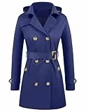 Tuopuda Damen Trenchcoat Jacke Wasserabweisender Langer Mantel Winddichter Wintermantel Windjacke Übergangsmantel Revers Damenmantel mit Abnehmbare Kapuze(Marineblau,L)