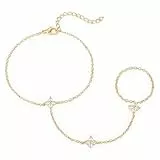 Emibele Gold Armband Für Damen, Vierblättrige Blume 18K Gold Handkette, Zirkonia Edelstahl Nicht Anlaufend Handkette Armband Mit Fingerring, Modisch Verstellbar Schmuck Geschenk