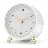 Bafiwu Analog Wecker Ohne Ticken - Metall Mit Nachtlicht, Geräuschlos Mit Groß Zifferblatt, Einstellbare Alarmzeit, Batteriebetrieben (Weiß)