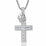 ICEDIAMOND 14K Iced Out Royal Crown Kreuz Anhänger Kette Halskette, vergoldet Bling CZ Diamant Kreuz Charme Hip Hop Modeschmuck für Männer Frauen (White,24''Rope)
