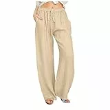 LRMQS Damenhose, lässig, trendig, Frühling 2026, Kordelzug, lockere Passform, Lounge, Strand, gerades Leinen, weites Bein, Palazzo-Outfit, Khaki #2, Groß