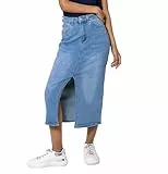 Nina Carter P215 Damen High Waist Wadenlanger Jeansrock mit Vorderem Schlitz Langer Rock Reißverschluss Stretch Used-Look, Hellblau (P215-6), M