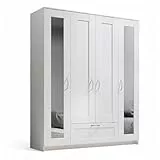 Stella Trading LEPINI Kleiderschrank mit Spiegeltüren in Weiß - Vielseitiger Drehtürenschrank 4-türig für Ihr Schlafzimmer - 156 x 191 x 50 cm (B/H/T)