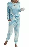 ASOMI Pyjama Damen Lang Schlafanzug Langarm Oberteil Lang Hosenanzug Tie Dye Zweiteilige Nachtwäsche Loungewear mit Taschen 035 Blau Weiß Large