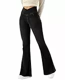 LaiEr Damen Bootcut Jeans V Crossover hohe Taille Pull on Bauch Kontrolle Skinny Yoga Hosen, Denim Hochelastischen weichen Stoff, Ausgestellt Fitness Hose mit Seitentaschen(Black S)