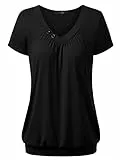 DJT Damen Basic V-Ausschnitt Kurzarm T-Shirt Falten Tops mit Knopf Schwarz M