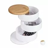 Relaxdays Make Up Organizer, rund, 3 drehbare Ebenen, für Kosmetik & Schmuck, Bambusdeckel, Kunststoff, Schminkbox, weiß