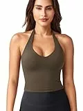 ZAAYO Halter Neckline Tank Top Damen Tiefer V Gepolsterte Crop Top Damen Sport Tops Sommer Basic Sexy Ãrmellose Sommer Oberteile Kaffee S