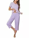 Crewhpo Damen Schlafanzug Gestreifter Kurzarm Pyjama Baumwolle Zweiteiliger Schlafanzüge Set Nachtwäsche V-Ausschnitt Nachthemd mit 3/4 Lang Pyjamahose Hausanzug Sleepwear