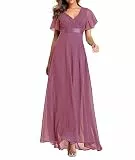 ECDAHICC Damen Abendkleider Gürtel V-Ausschnitt Hohe Taille A-Linie Chiffon Brautjungfernkleid Elegant Lang Ballkleid(PE,2XL)