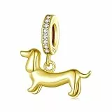 Dackel Charm für Pandora Armband, 925 Sterling Silber Hund Anhänger vergoldet, Geschenk für Frauen & Mädchen