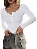 Totatuit Damen T Shirt Langarm Slim Fit Geripptes Oberteile O Ausschnitt Baumwolle Stretch Top Casual Elegant Langarmshirt Weiß M