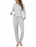 Bresdk Pyjama Damen Lang Baumwolle Frauen Nachtwäsche Baumwolle Schlafanzug mit Bündchen Grau M