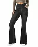 LaiEr Damen V Crossover Hohe Taille Bauchkontrolle Casual Fitness Skinny Yoga Hosen, Faux Denim Print Frauen Bootcut Yoga Hosen, ausgestellte Fitness Hosen mit Seitentaschen(Black M)