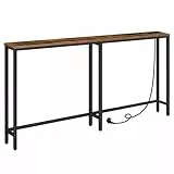 HOOBRO Schmaler Konsolentisch mit Steckdosenleiste, Konsolentisch mit Ladestation, schmaler Sofatisch, Konsole hinter dem Sofa, für Eingangsbereich, Flur, rustikales Braun und Schwarz EBF165CXG01