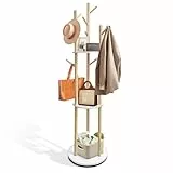 SUNDOY Drehbarer Garderobenständer aus Massivholz, 3 Ablagen & 9 Haken, stabil & einfach zu montieren, für Flur & Schlafzimmer, 165×41×41 cm, für Hüte, Schals & Taschen (Drehbare Garderobe)