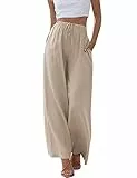 Imuedaen Damen Hosen Sommer Leinen Leicht Casual Locker Leinenhose Freizeithose Palazzo Hose Weite Leg Hose Sommerhose Hohe Taille mit Tunnelzug und Taschen (Khaki, S)