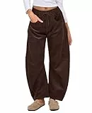 HOTIAN Cordhose für Damen, mittelhohe Taille, elastische Taille, lockere, bequeme, lässige Baggy-Hose mit Taschen, Braun, S