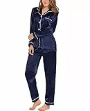 SWOMOG Damen Schlafanzug Pyjama Satin Langarm Button-Down Nachtwäsche Set Zweiteiliger Hausanzug Ladies Knopf Pjs Sets Frauen Hausanzug Marineblau