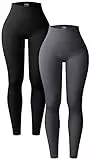 OQQ Damen 2 Stück Yoga Leggings Gerippt Nahtlos Workout Hohe Taille Athletic Pants, Schwarz Dunkelgrau, M