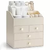 VLANDO Make up Organizer mit 4 Schubladen, Schminktisch Organizer, Kosmetik Organizer, Schmink Organizer für Badezimmer, Dresser Skincare, Beige
