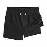 XINYUNZU Jungen Badehose 2 in 1 Shorts Badeshorts Schnelltrocknend Boardshorts Leichte Schwimmhose Kurz Bademode Strand Shorts Sommer Schwimmbekleidung für Kinder und Teenager Schwarz 12 Jahre