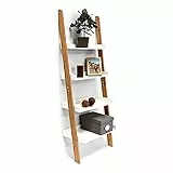 Relaxdays Leiterregal Bamboo, 4 Ablagen, Bambus, Wohnzimmer & Arbeitszimmer, Regal, HBT: 144 x 56 x 34 cm, natur/weiß