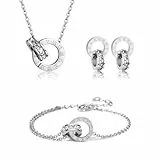 Gkaopi Schmuckset für Damen und Mädchen 18 Karat Vergoldet Edelstahl Halskette Ohrringe Armband Set Zirkonia Römische Ziffern Kreis Verstellbare Anhänger Schmuck Set (Silber, Einheitsgröße)