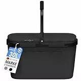 Cottara® Thermo Einkaufskorb Kühltasche groß | isolierter Einkaufskorb mit Deckel, verstärktem Boden, Frontfach mit Reißverschluss | Ideal als Kühlkorb oder Picknick Korb (Schwarz)