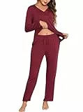Wikoan Damen Schlafanzug Langarm Schlafanzug Winter Zweiteiliger Pyjama Lang Nachtwäsche Weich V-Ausschnitt Pyjama Set Burgunderrot L