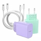 ZNBTCY 4 Pack Schnellladegerät (Hellviolett+Hellgrün) mit 2M iPhone Ladekabel (Weiß) 25W USB C Netzstecker， schnellladekabel， iPhone Netzteil， Ladeadapter für iPhone 14 Pro 13 12 11 SE XS XR X 8P iPad