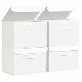 DIMJ Aufbewahrungsboxen mit Deckel, Faltbare Aufbewahrungskiste mit Griff, Aufbewahrungskorb Stoff, Ordnungsboxen Kleiderschrank Organizer, Faltbox für Kleidung, 4 Stück, Hellweiß