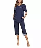 COLORFULLEAF Schlafanzug Damen Capri 100% Baumwolle Pyjamas Set Zweiteiler V-Ausschnitt Nachtwäsche Kurzarm Top und 3/4 Hose(Marineblau,M)