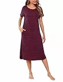 Litherday Nachthemd Damen Lang Nachtwäsche Kurzarm Streifen Schlafshirt aus 95% Baumwolle Loungewear Nachtkleid Sleepshirt, Dunkelgrau+rot, XXL