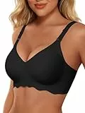 HORISUN Ohne Bügel BH für Damen, Nahtloser Bequemer V-Ausschnitt Vollständiger Bralette für Große Brüste mit Unterstützung Komfort Tshirt Damen BHS (Hinunter Welle Schwarz 2XL)