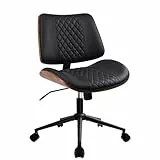 Durrafy Bürostuhl ohne Armlehnen, PU-Leder Schreibtischstuhl mit Walnusssockel, Moderner Drehstuhl für Homeoffice, höhenverstellbar mit Wippfunktion, bis 136 kg belastbar, 360° drehbar, Schwarz-Braun