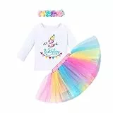 FYMNSI Kleinkinder Baby Mädchen 3. Dritter Geburtstag Outfit Baumwolle Langarm T-shirt Tops Prinzessin Regenbogen Tüll Tütü Rock Blumen Stirnband Set 3 Jahre Geburtstagsparty Kleid Fotoshooting 3J