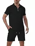 QIXING Herren Trainingsanzug 2 Teiler Herren Sommer Shorts und Tshirt Set mit Half-Zip Polo Hemd Set Kurzarm Zweiteiler Herren Sommer Kurz(Schwarz, M)