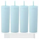 Volhoply 600ml Trinkbecher mit Deckel und Strohhalm Viererpack,Doppelwandiger Wiederverwendbar Reisebecher,BPA-freier Matte Pastellfarben Acryl-Plastikbecher für Fruchtsaft,Geschenk,Eiskaffee(Blau,4)