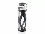 Leifheit Glasflasche Flip 600ml, 100% dichte Sportflasche, praktisches Öffnen mit einer Hand, Trinkflasche mit Filter für Fruchteinsatz, nachhaltige Wasserflasche, BPA frei, stoßfest, schwarz