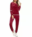 Enjoyoself Damen Nicki Hausanzug Samtweich 2 Teilig Trainingsanzug mit Paillette Warmer Schlafanzug Ohne Kapuze Rundhals Pullover+Relaxhose Weinrot,M