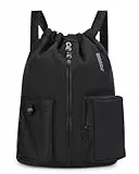 WANDF Turnbeutel mit Schuhfach, Sportbeutel Wasserabweisend,Gym Bag mit Kordelzug für Damen Herren Kinder,Große Kapazität Rucksack für Sport,Schwimmen,Reisen,Schule (Schwarz)