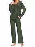 Famulily Damen Frühlings Pyjama Sets einfarbig Langarm Tuinc Tops und weit geschnittene Lounge Hosen mit Taschen Armeegrün M